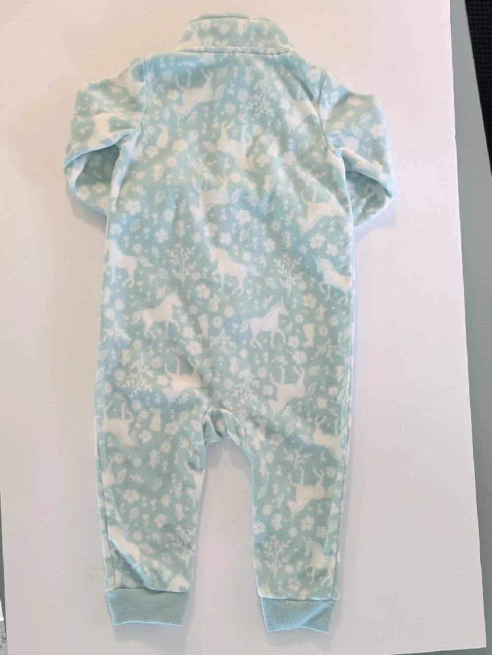 Carter's Fleece One-Piece Romper in Light Blue with White Unicorn Print
